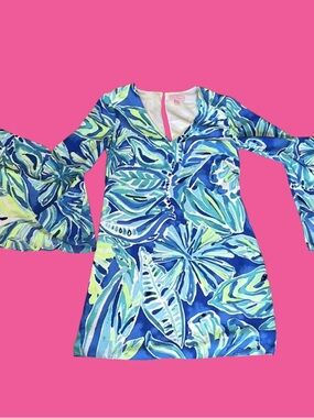 Lilly Pulitzer Blue Tropical-Print Midi Dress with Green & White Accents